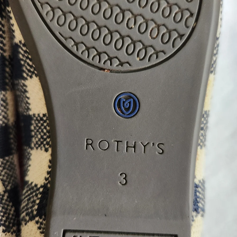 Rothy's Navy and Cream Gingham Kids Slip-On Flats with Gold Heart